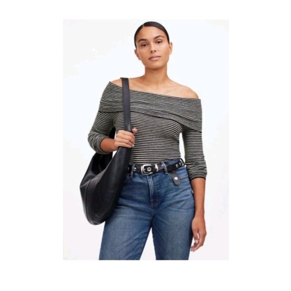 Madewell Gray Black Striped Off Shoulder Alpaca Blend Sweater Sz S Preppy Cozy